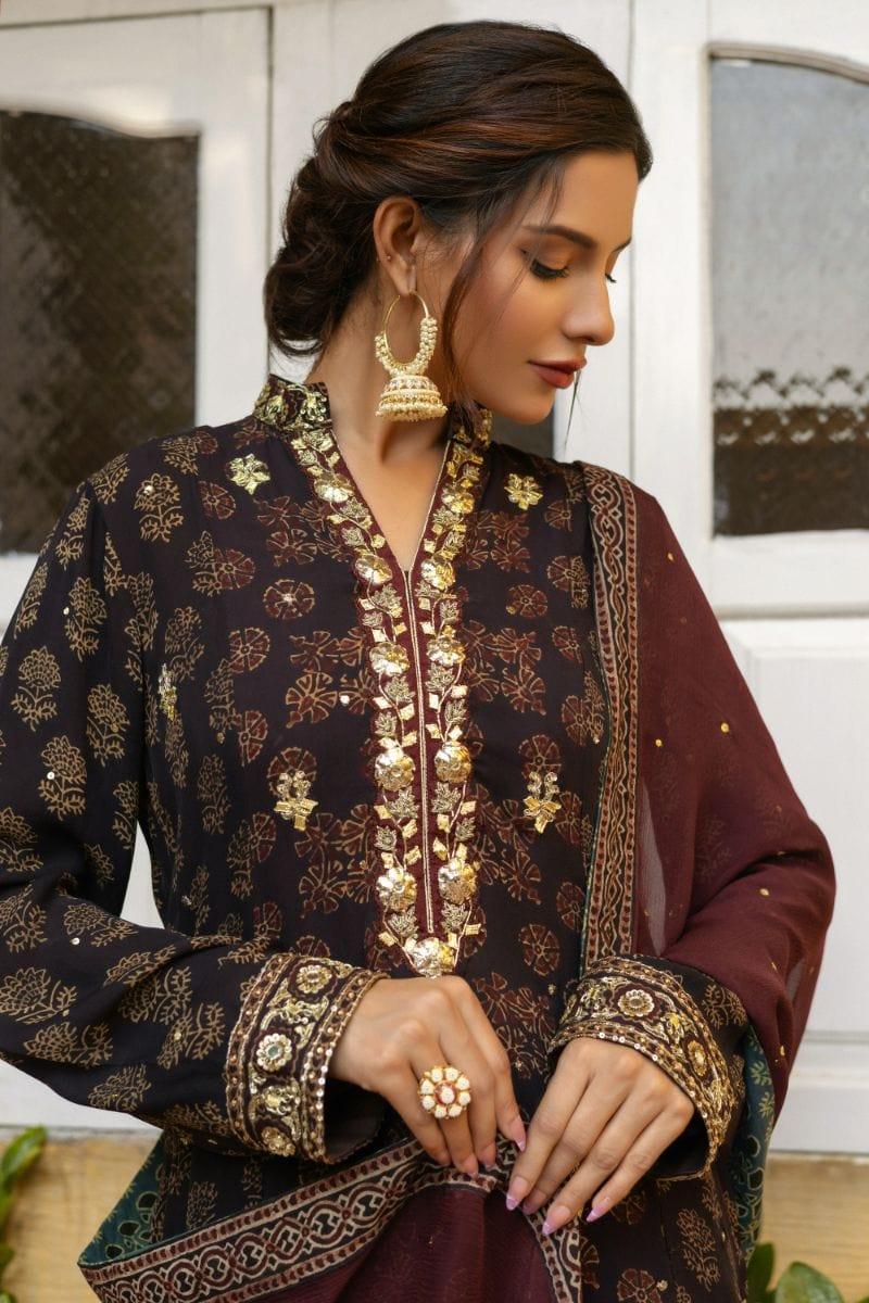 Insia Sohail - Ajrak Kurta - Earthly brown - 3 Piece - Chiffon