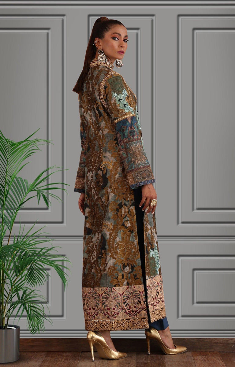 Shamaeel - Silk Embroidered Long Shirt with Silk Plain Blue Straight P