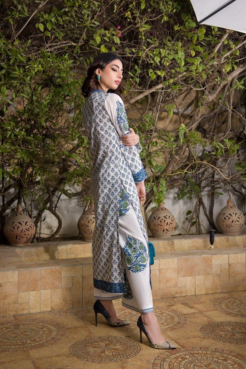 White long shirt with blue block print paired with block printed azaar  pants - SHK-1064 — Shehrnaz