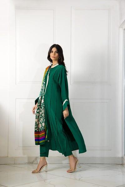 Shehrnaz - Emerald Green Pleated Long Shirt and Capri Pants with Block  Printed Dupatta - SHK-1047