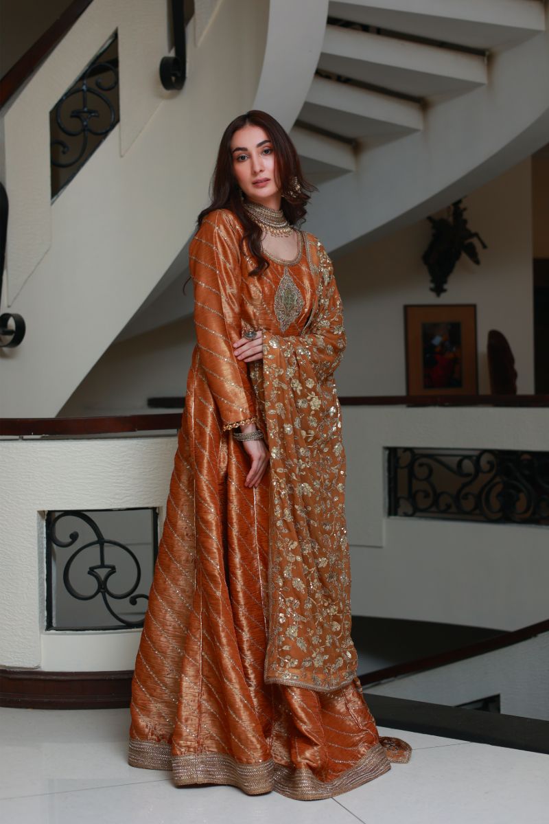 Huma Adnan - Anmol - Rust - Chiffon & Crushed Masoori - 2 Piece