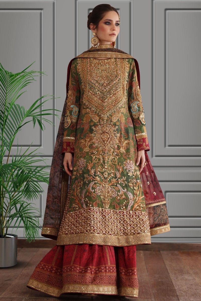 Shamaeel - Silk Embroidered Long Kurta with Maroon Sharara and Printed Net Dupatta