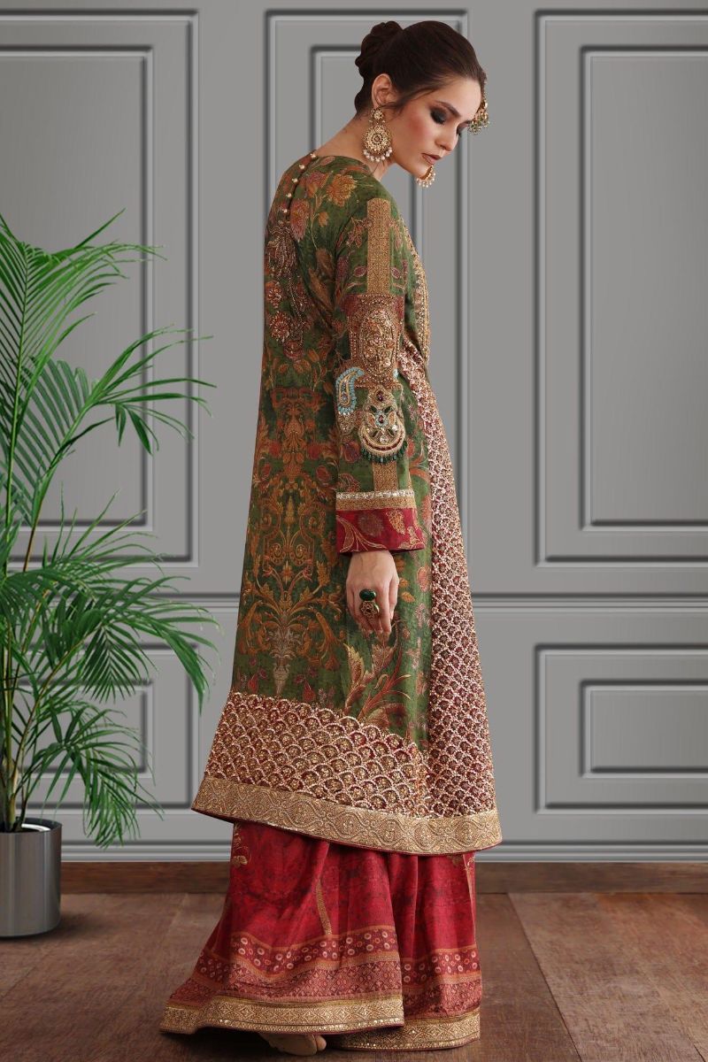 Shamaeel - Silk Embroidered Long Kurta with Maroon Sharara and Printed Net Dupatta