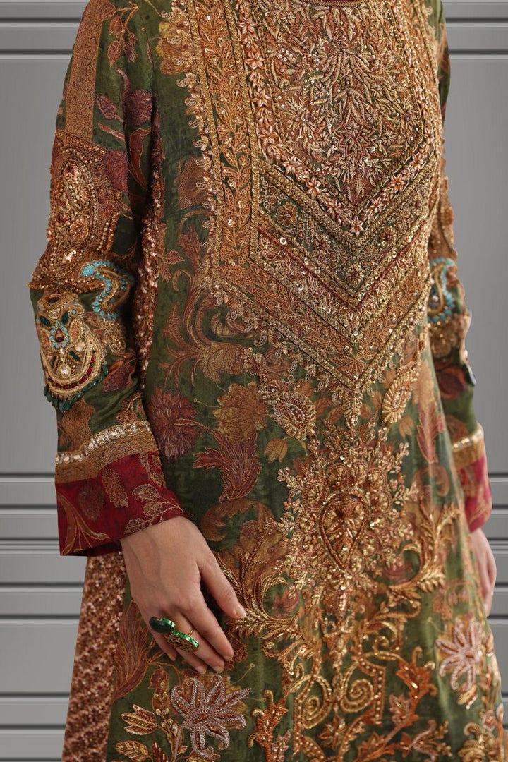 Shamaeel - Silk Embroidered Long Kurta with Maroon Sharara and Printed Net Dupatta