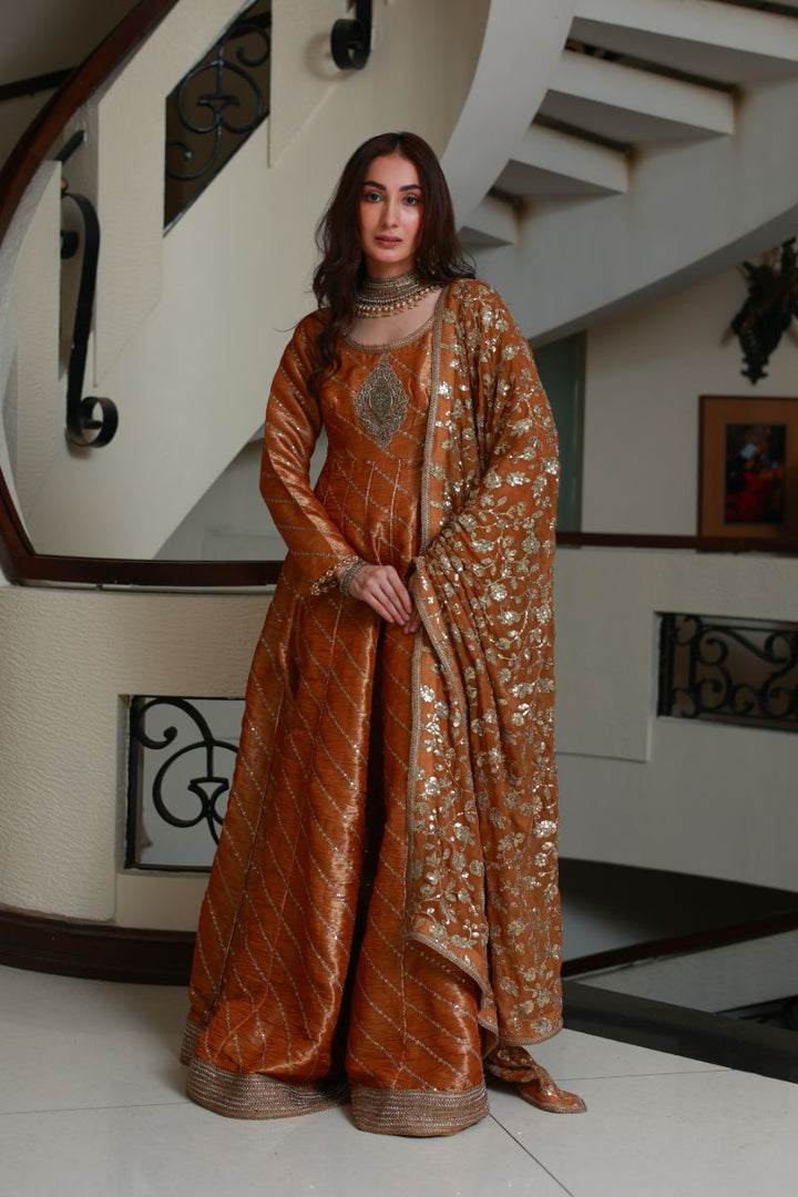 Huma Adnan - Anmol - Rust - Chiffon & Crushed Masoori - 2 Piece