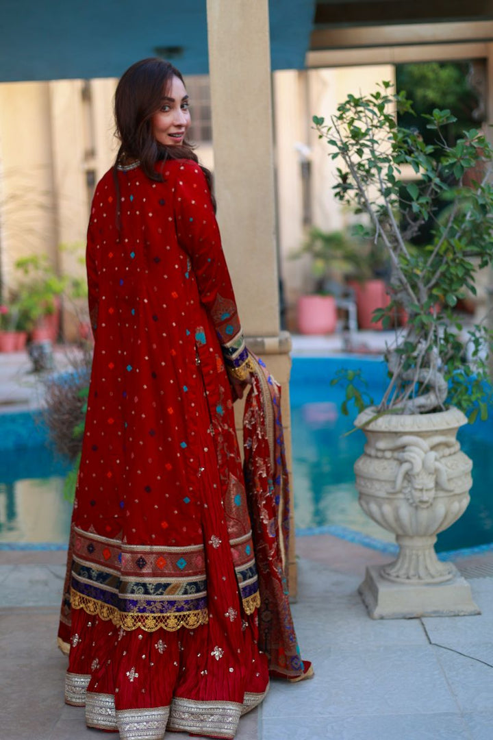 Huma Adnan - Geet - Maroon - Chiffon Jamawar & Crushed Silk - 3 Piece