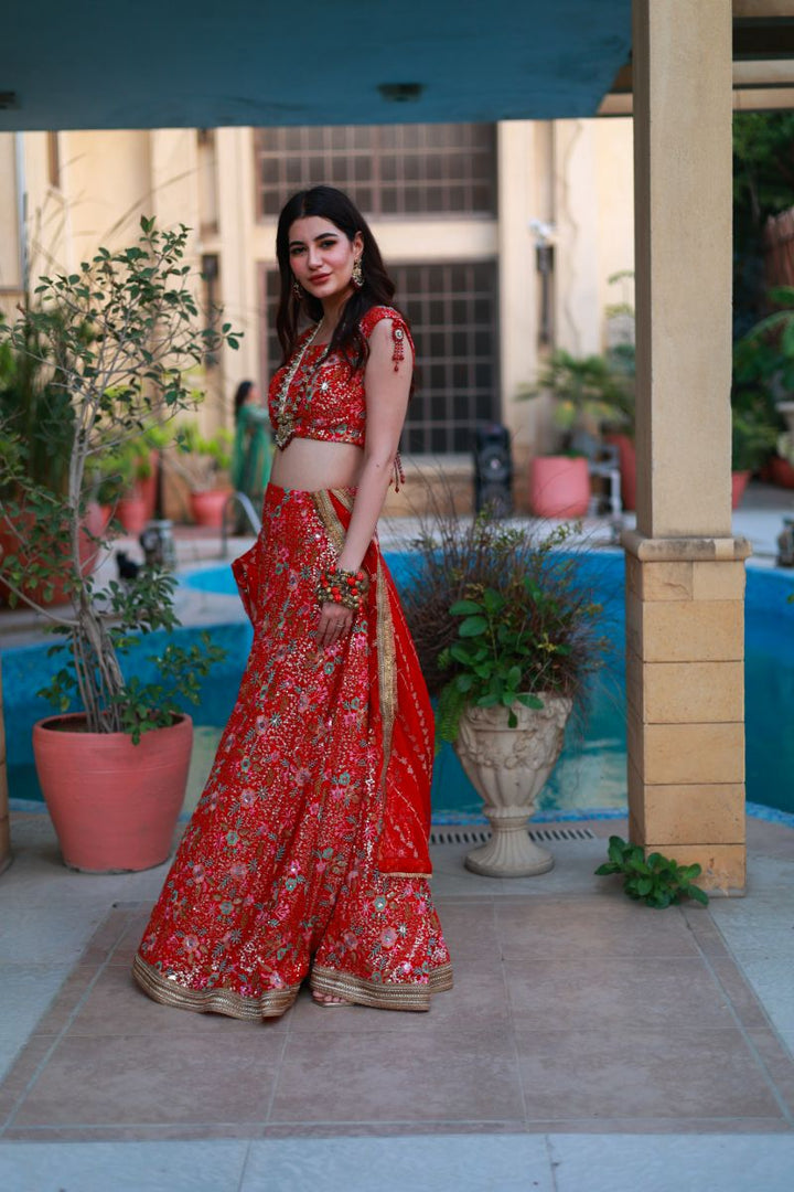 Huma Adnan - Aangan - Red - Chiffon & Organza - 3 Piece