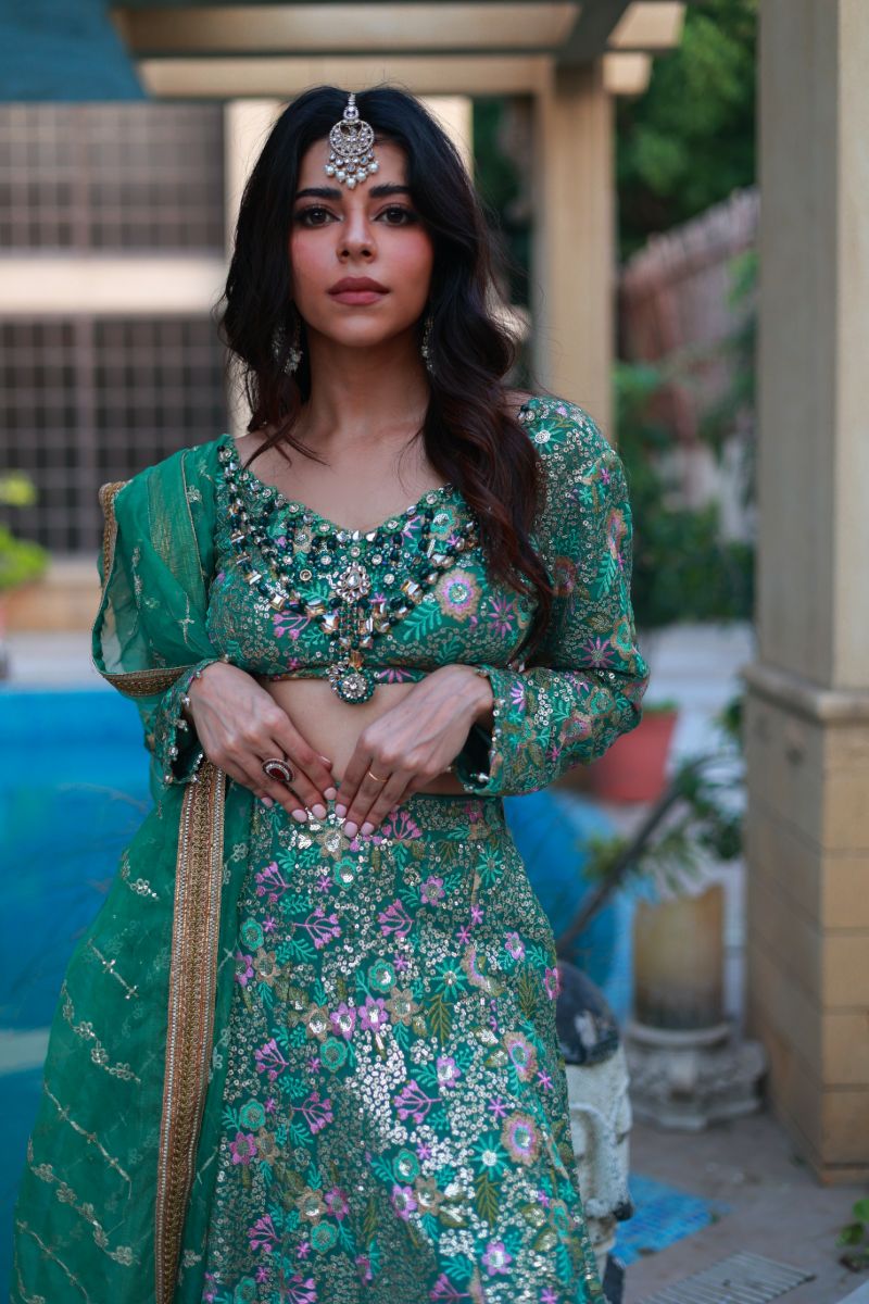 Huma Adnan - Zara - Sage Green - Chiffon Embroided & Organza - 3 Piece