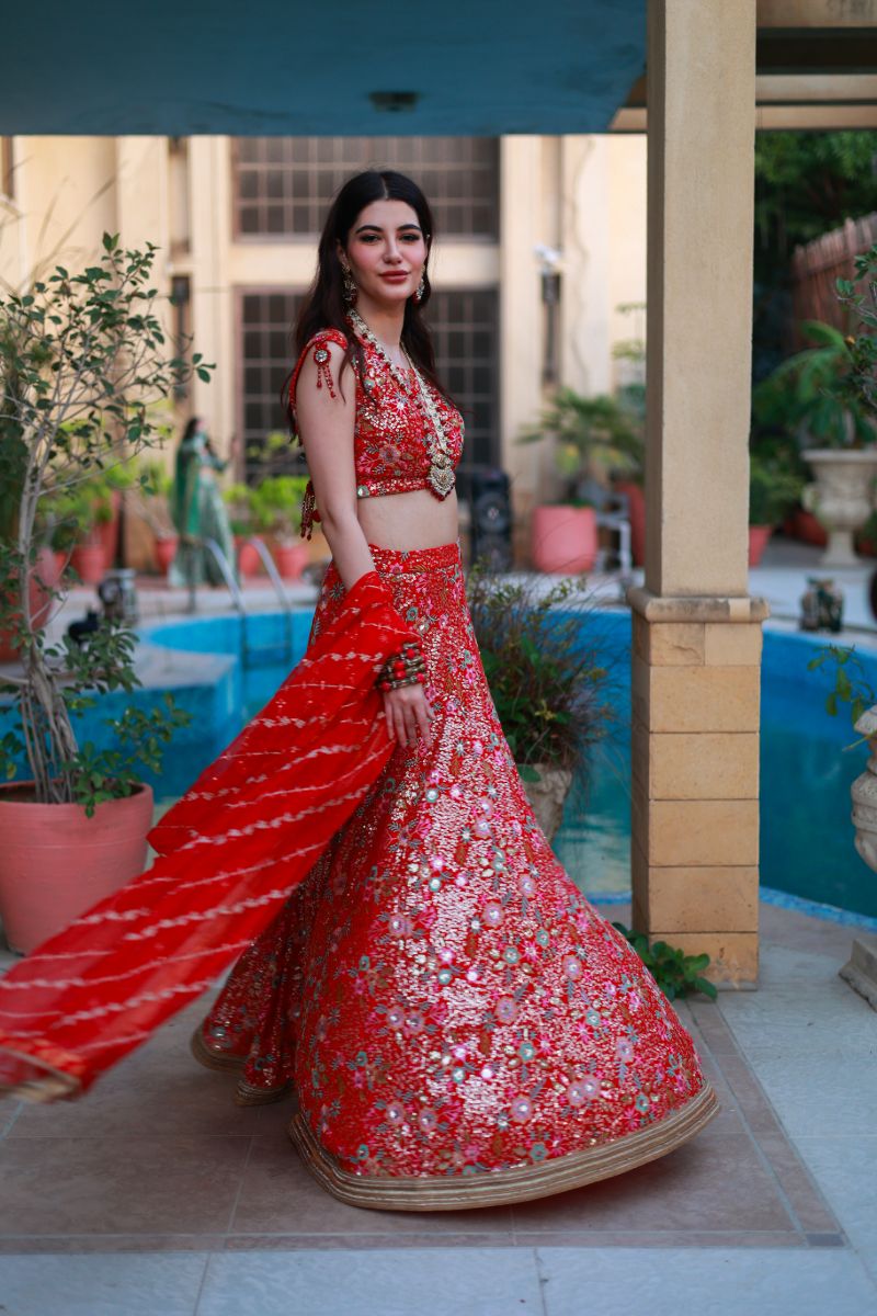 Huma Adnan - Aangan - Red - Chiffon & Organza - 3 Piece