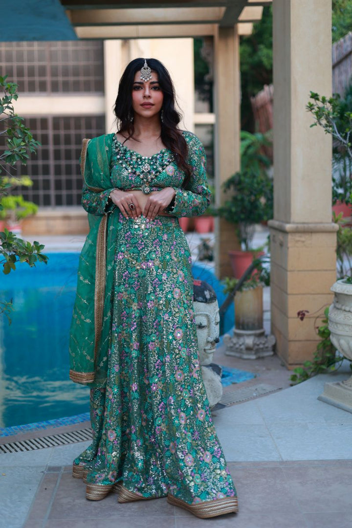 Huma Adnan - Zara - Sage Green - Chiffon Embroided & Organza - 3 Piece