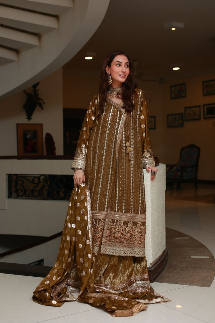 Huma Adnan - Vanya - Rust Brown - Chiffon and Crushed Masoori - 3 Piece