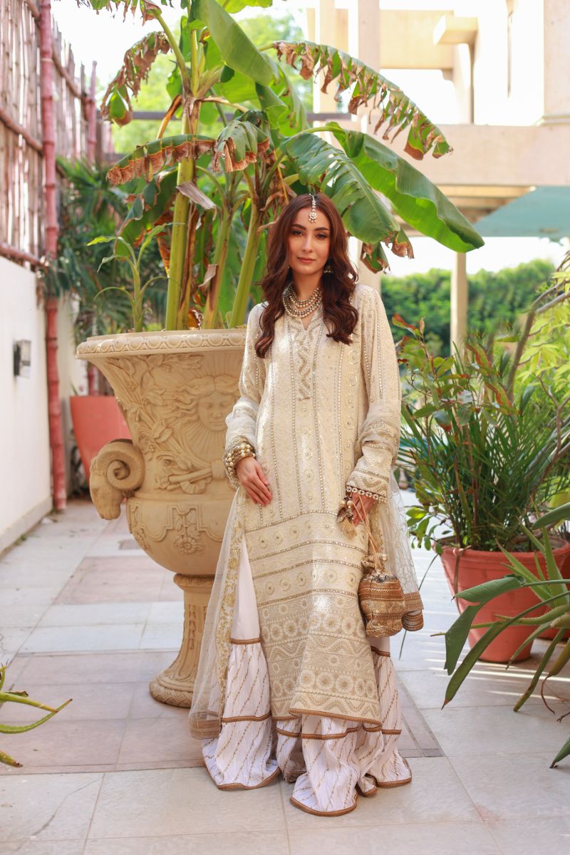 Huma Adnan - Shaan - White - Chiffon , Crushed Silk & Cotton Net - 3 Piece