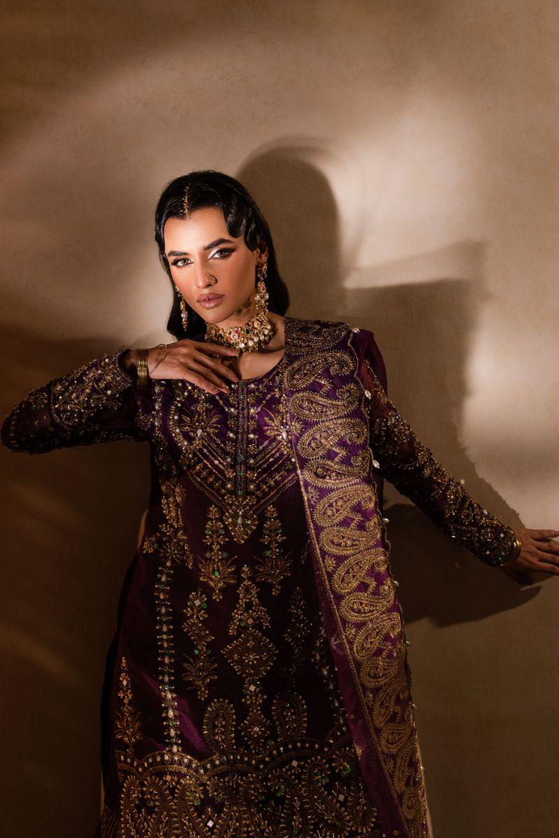 Maria Osama Khan - Yashfa - Sharara - Plum - Organza & Raw Silk - 3 Piece