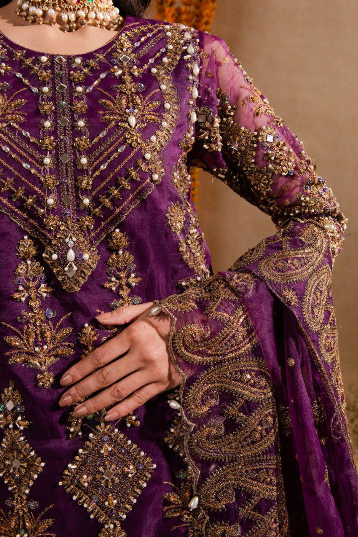 Maria Osama Khan - Yashfa - Sharara - Plum - Organza & Raw Silk - 3 Piece