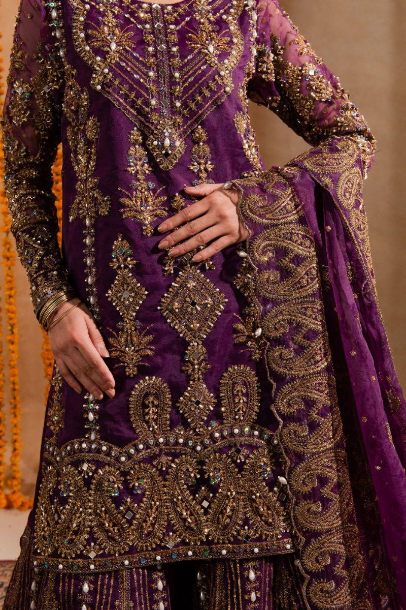 Maria Osama Khan - Yashfa - Sharara - Plum - Organza & Raw Silk - 3 Piece