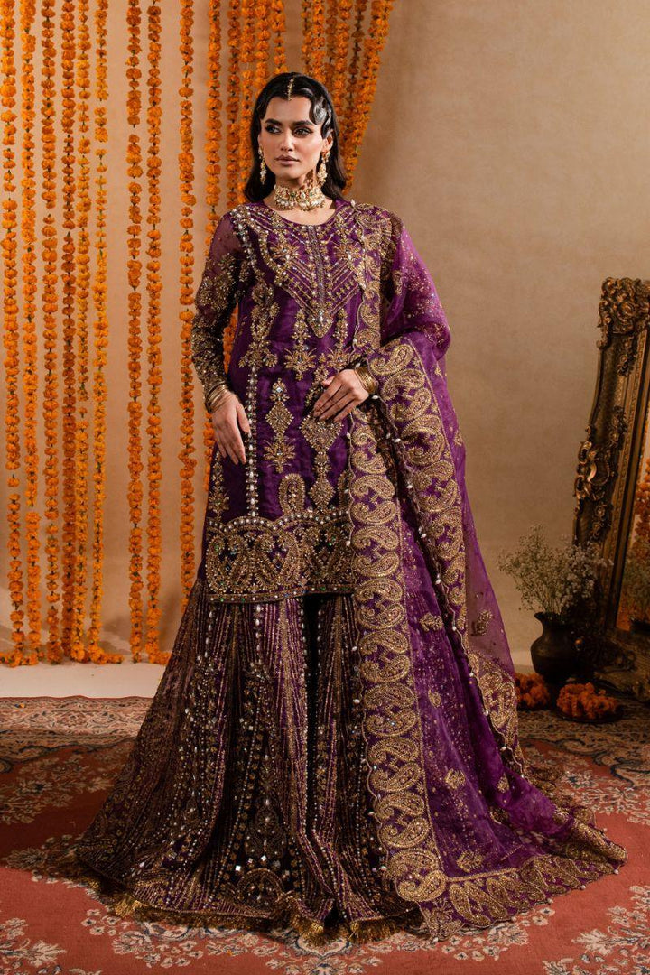 Maria Osama Khan - Yashfa - Sharara - Plum - Organza & Raw Silk - 3 Piece