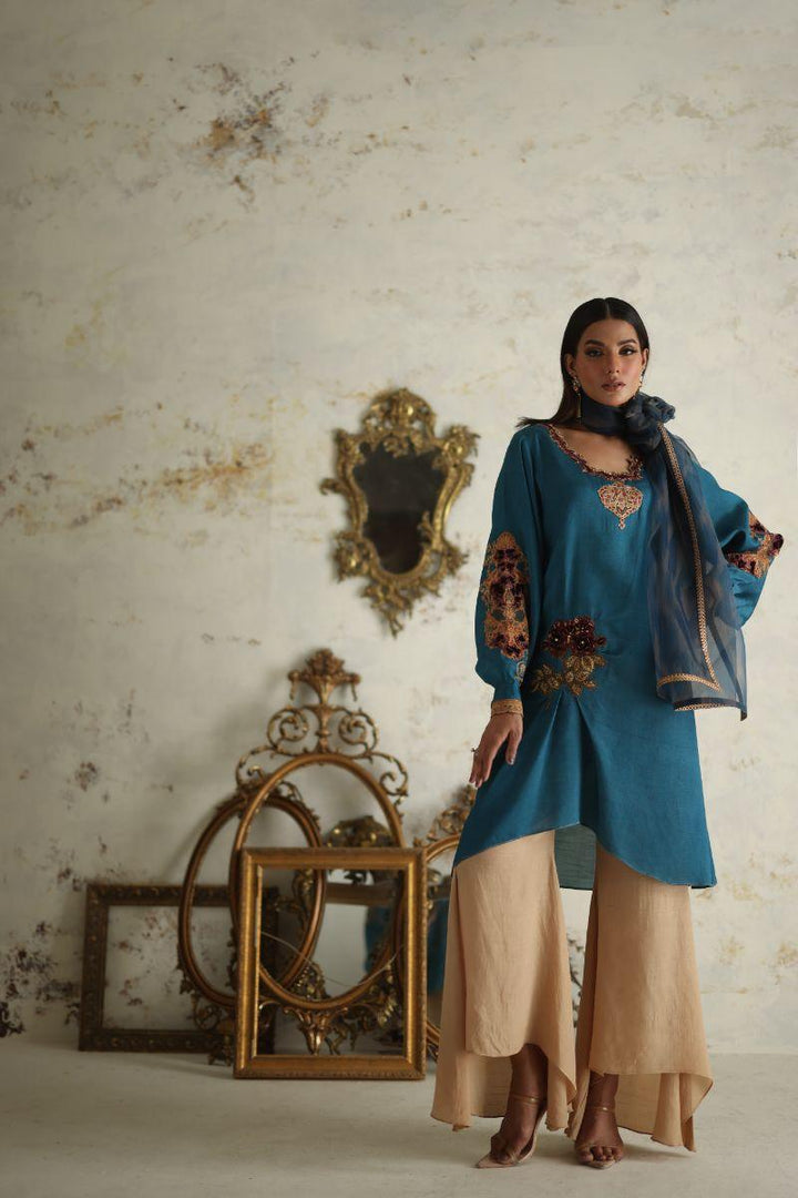 Shamaeel - RE-6 - Teal Blue - Silk & Net - 3 Piece