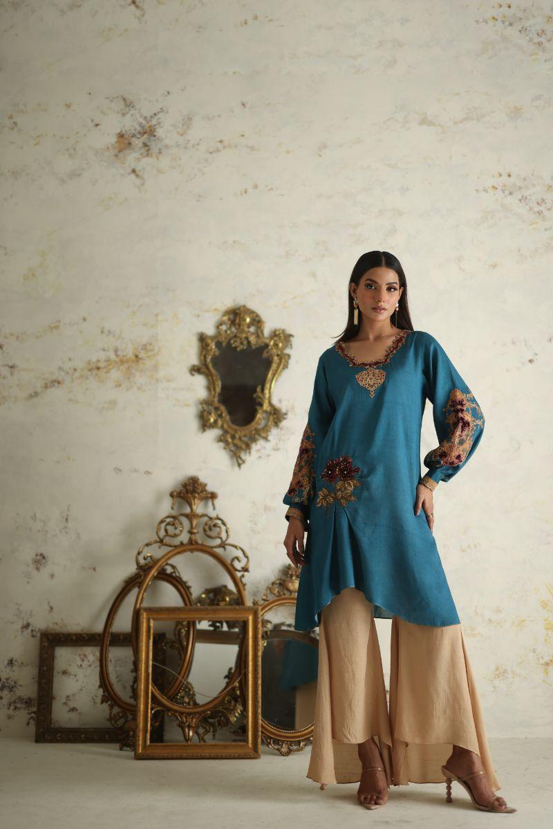 Shamaeel - RE-6 - Teal Blue - Silk & Net - 3 Piece