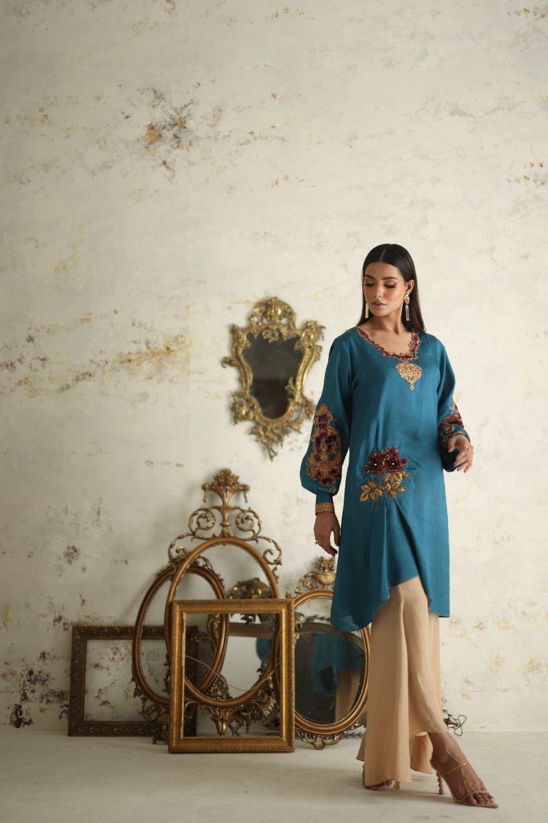 Shamaeel - RE-6 - Teal Blue - Silk & Net - 3 Piece