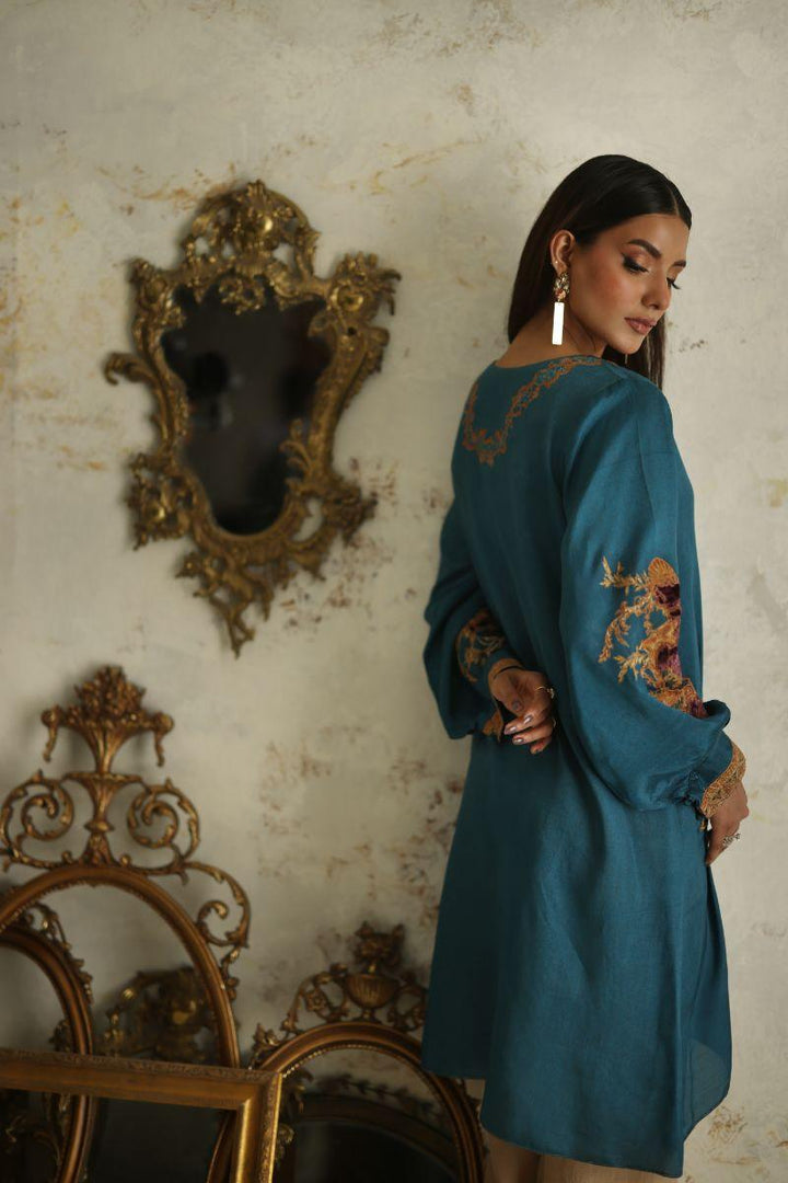 Shamaeel - RE-6 - Teal Blue - Silk & Net - 3 Piece