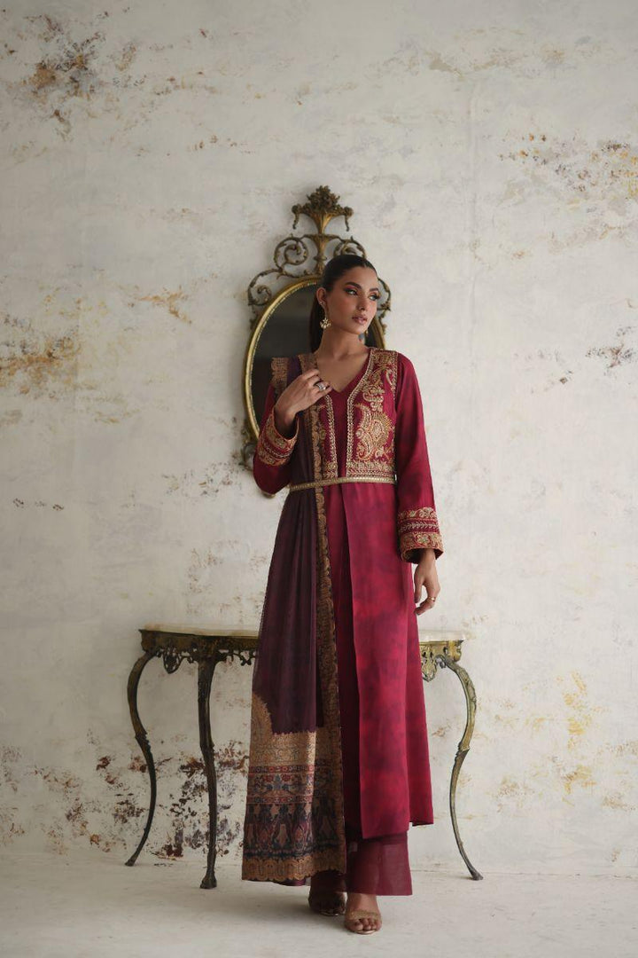 Shamaeel - RE-3 - Maroon - Silk & Net - 3 Piece