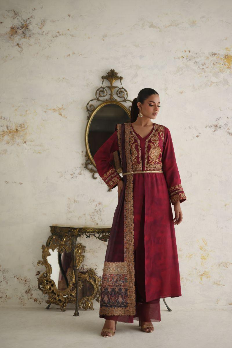 Shamaeel - RE-3 - Maroon - Silk & Net - 3 Piece