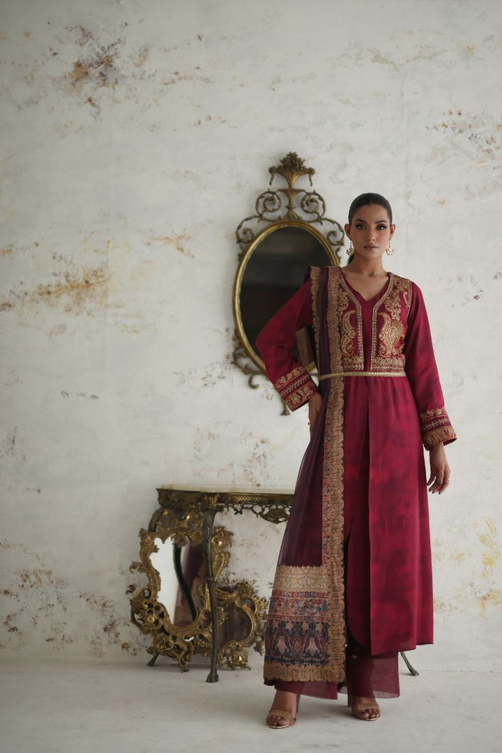 Shamaeel - RE-3 - Maroon - Silk & Net - 3 Piece