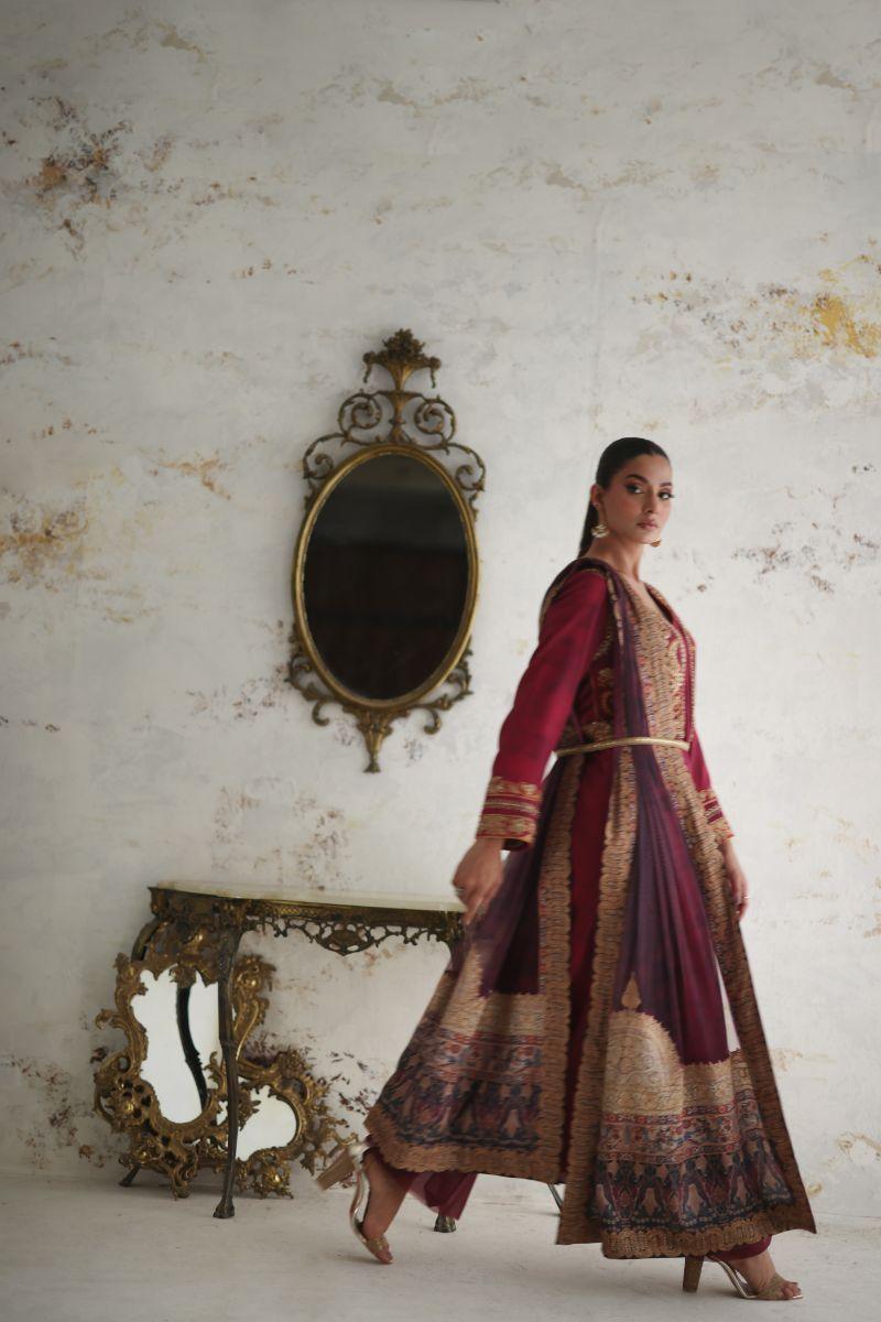 Shamaeel - RE-3 - Maroon - Silk & Net - 3 Piece