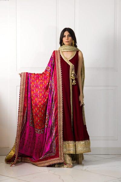 Shehrnaz - Maroon Velvet Anarkali & Crushed Gold Azaar Pants with Dupatta - SHK-1048