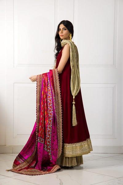 Shehrnaz - Maroon Velvet Anarkali & Crushed Gold Azaar Pants with Dupatta - SHK-1048