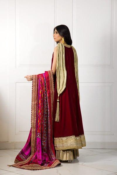 Shehrnaz - Maroon Velvet Anarkali & Crushed Gold Azaar Pants with Dupatta - SHK-1048