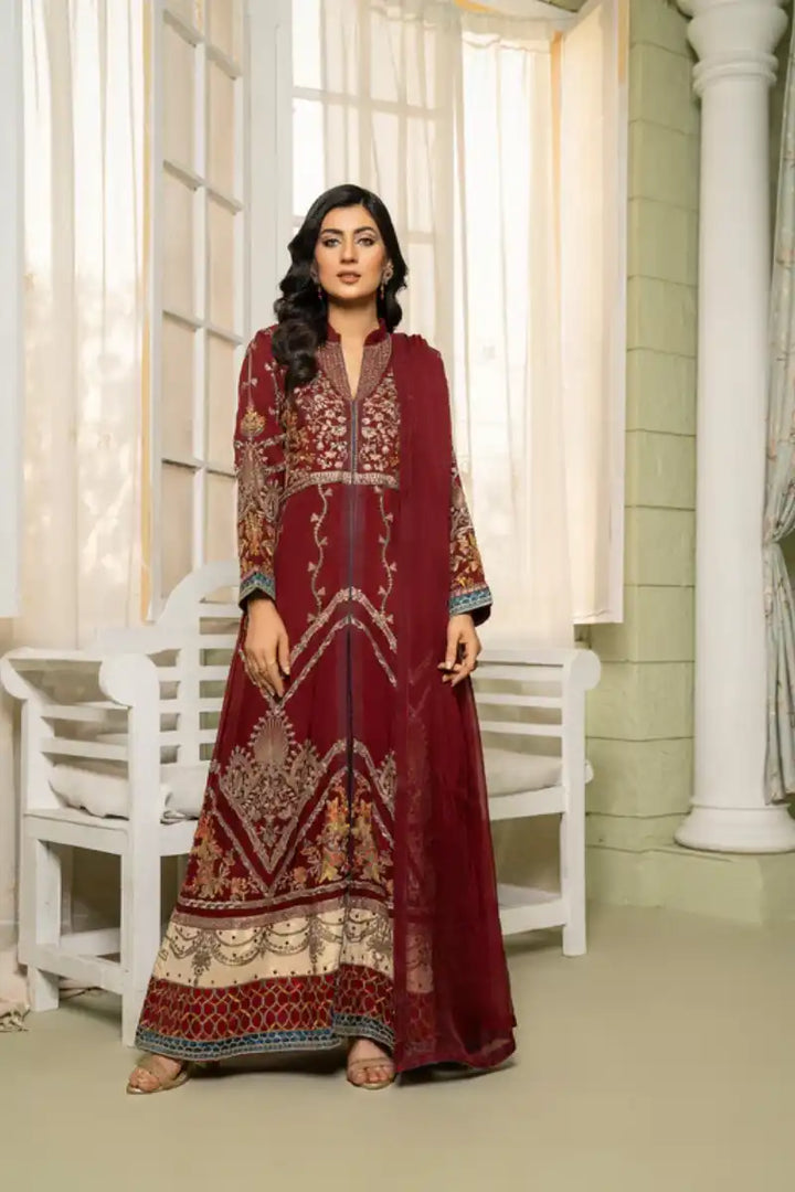 Sarajahan - Mehru - Chiffon - Cherry Red - 3 Piece