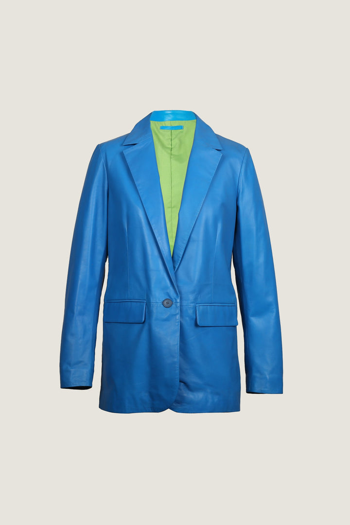 Novado - Women's Double-Breasted Blazer Leather Coat - Blue - 1 Piece