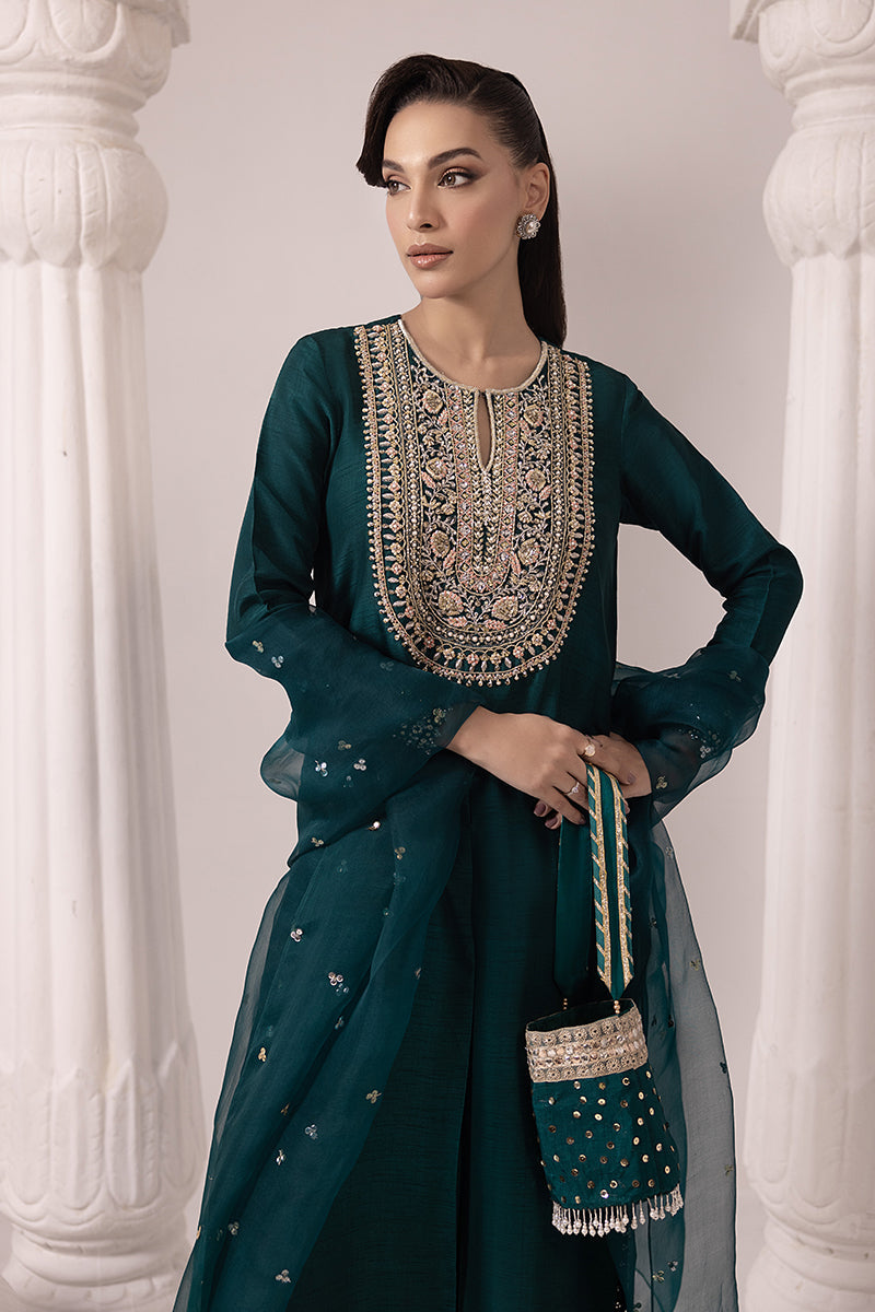 Malook - INAYA - Bottle Green - Raw Silk & Organza - 3 Piece - UnStitch