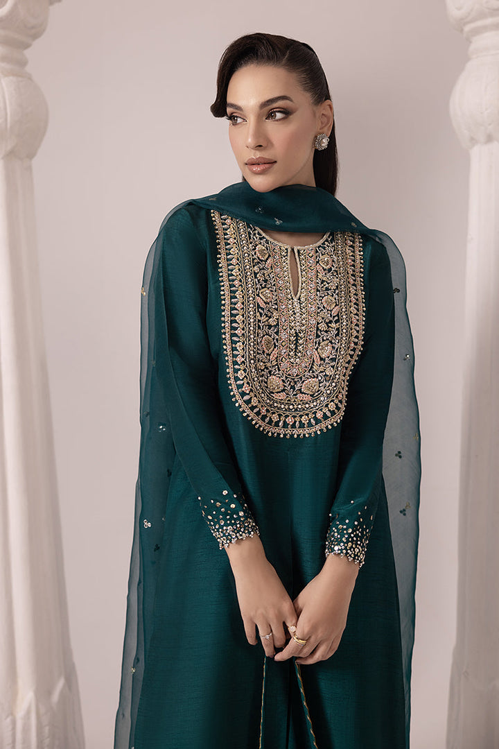 Malook - INAYA - Bottle Green - Raw Silk & Organza - 3 Piece - UnStitch