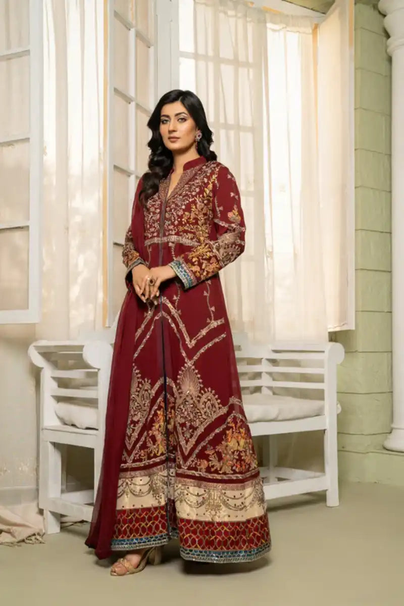 Sarajahan - Mehru - Chiffon - Cherry Red - 3 Piece