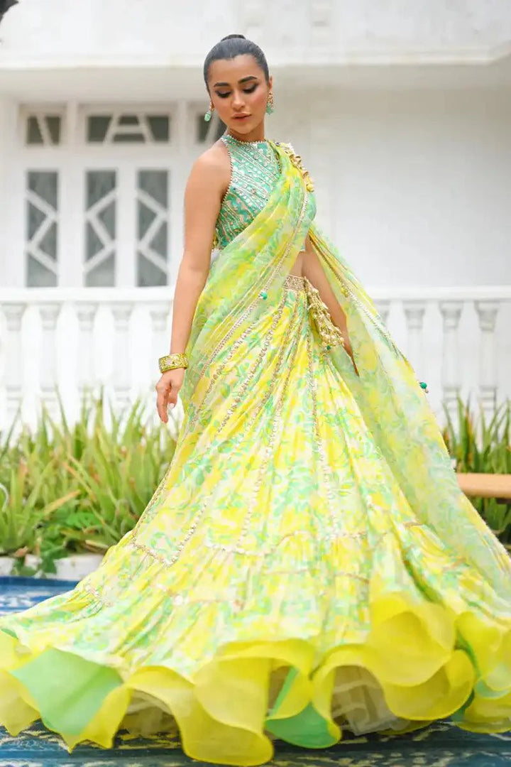 Sania Maskatiya - Neha - Lehnga Choli - Khaadi Silk - Mint Green & Lemon Yellow