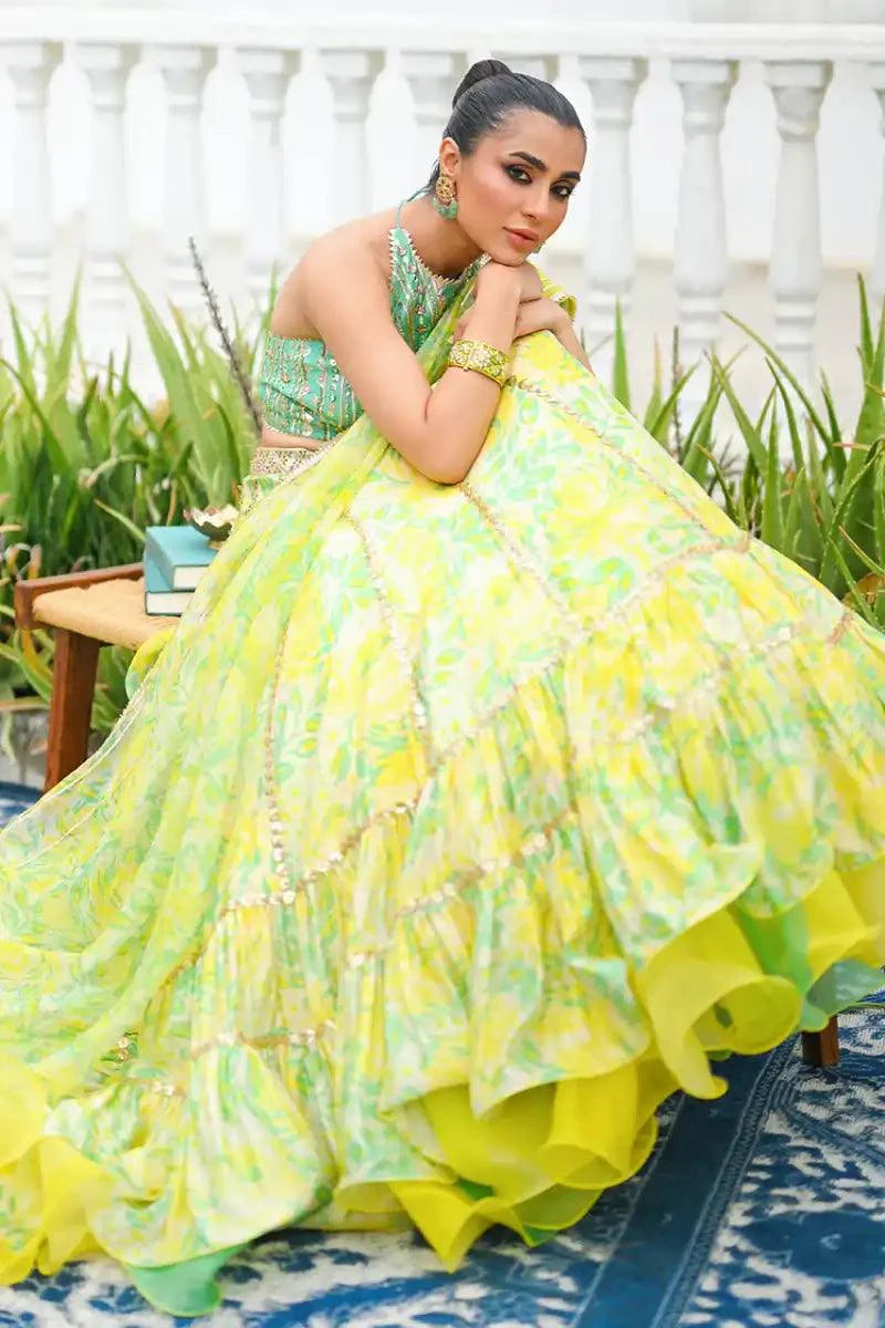 Sania Maskatiya - Neha - Lehnga Choli - Khaadi Silk - Mint Green & Lemon Yellow