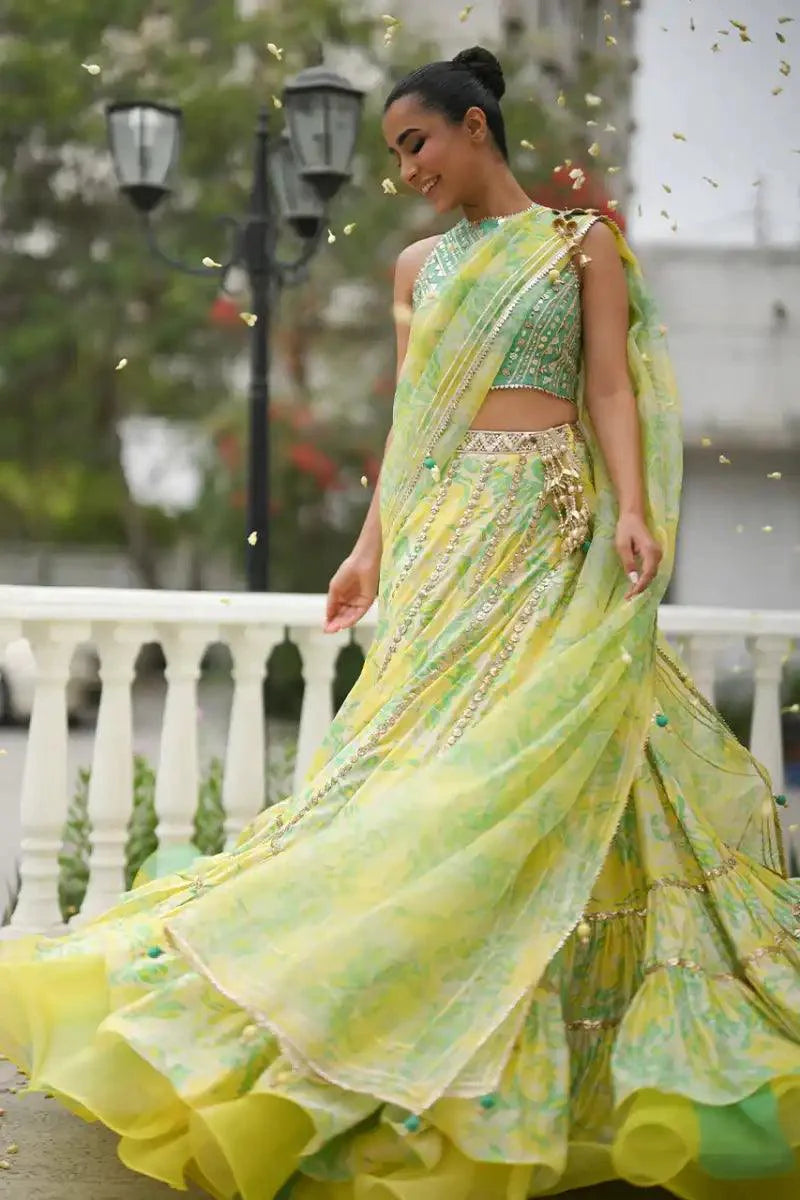 Sania Maskatiya - Neha - Lehnga Choli - Khaadi Silk - Mint Green & Lemon Yellow