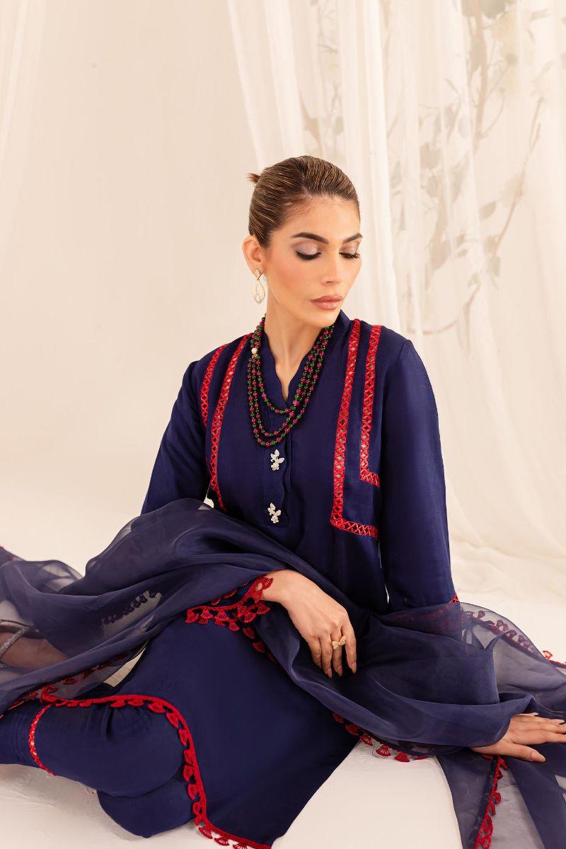 Allure by Ih - NEHAL - Navy Blue - Viscose & Organza - 3 Piece