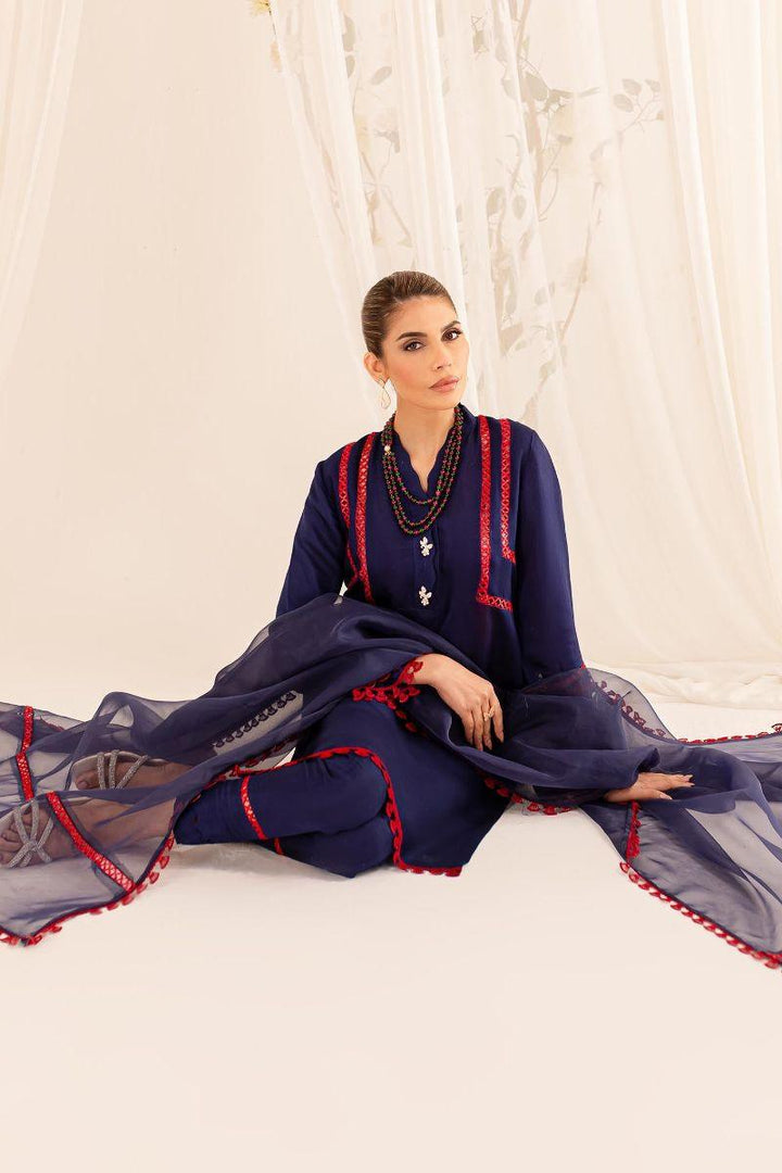 Allure by Ih - NEHAL - Navy Blue - Viscose & Organza - 3 Piece