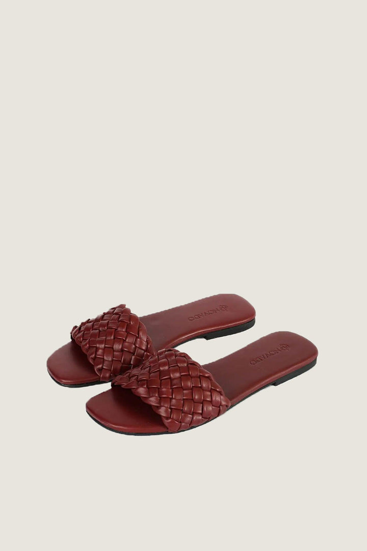 Novado - Leather Sandal with Woven Design - Maroon - 008