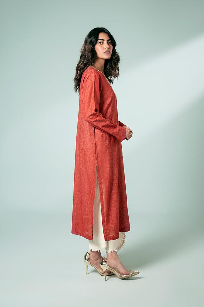 FOZIA KHALID  - Rust Embroidered Kurta - Rust - Karandi - 1 Piece