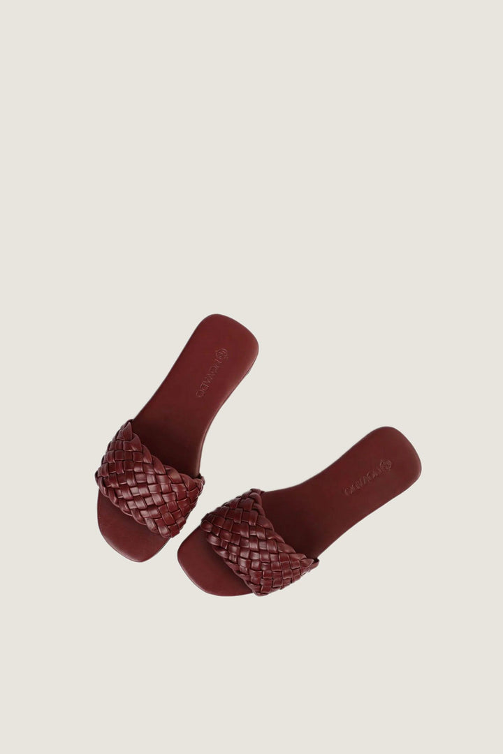 Novado - Leather Sandal with Woven Design - Maroon - 008