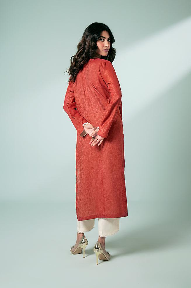 FOZIA KHALID  - Rust Embroidered Kurta - Rust - Karandi - 1 Piece