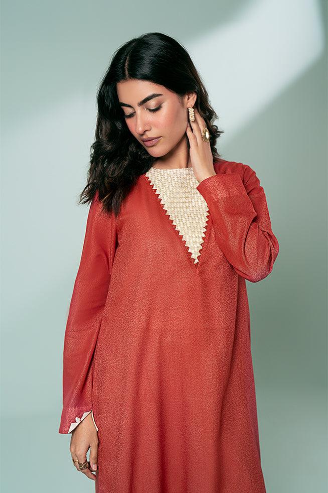 FOZIA KHALID  - Rust Embroidered Kurta - Rust - Karandi - 1 Piece