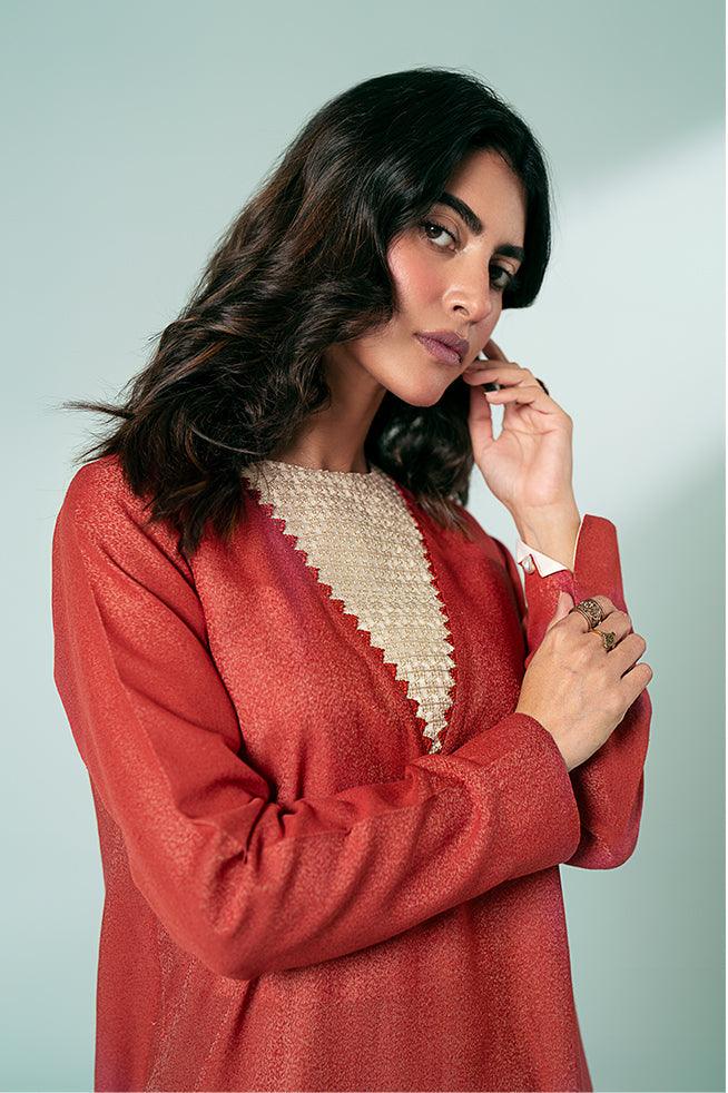 FOZIA KHALID  - Rust Embroidered Kurta - Rust - Karandi - 1 Piece