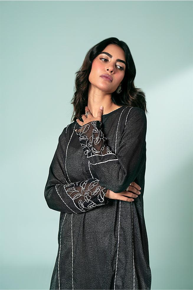 FOZIA KHALID  - Black Gotta Fusion Tunic - Black - Karandi - 1 Piece