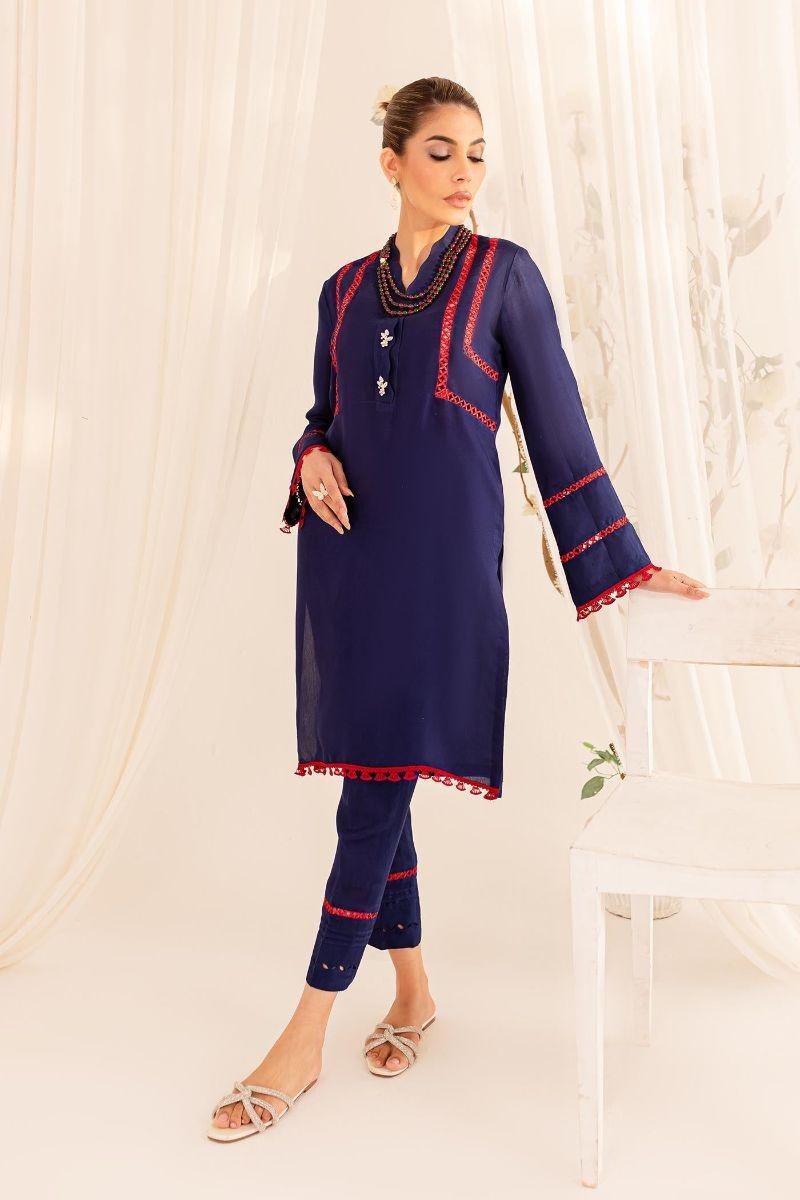 Allure by Ih - NEHAL - Navy Blue - Viscose & Organza - 3 Piece