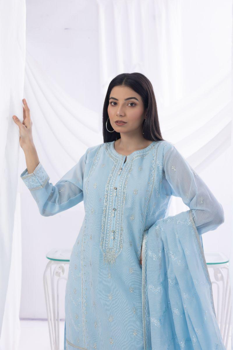 Sadia Aamir - Falak - Baby Blue - Khaddi Net - 3 Piece